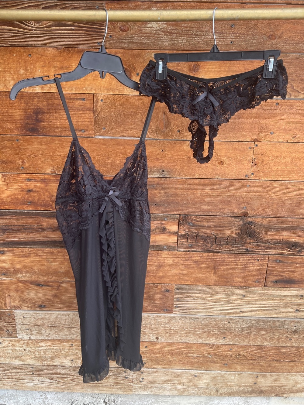Black Lace Babydoll Lingerie Set XXL Sheer Ruffle Chemise & Thong NWOT